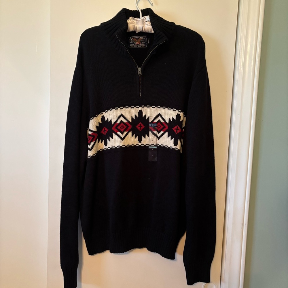 American Living Men's Black Sweater with Red and White Pattern 100% Cotton
